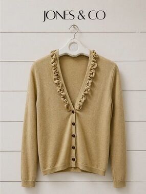 JONES & CO. Beige Ruffled V-Neck Cardigan – Size L
